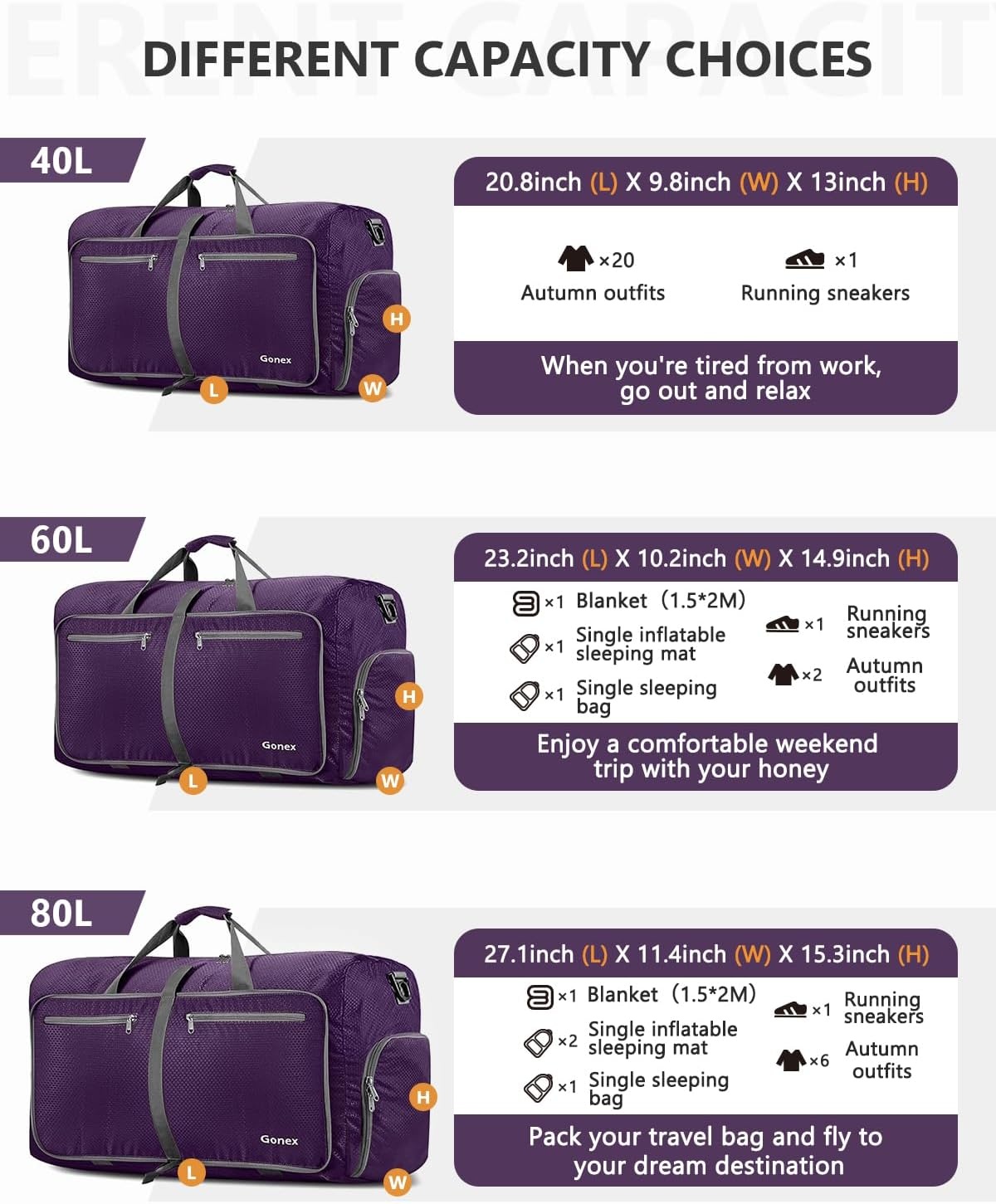 image:imageGonex Large Foldable Travel Duffle Bag with Shoes Compartment Packable Lightweight Water Repellent Duffel Bag for Camping Gym Weekender BagPurple