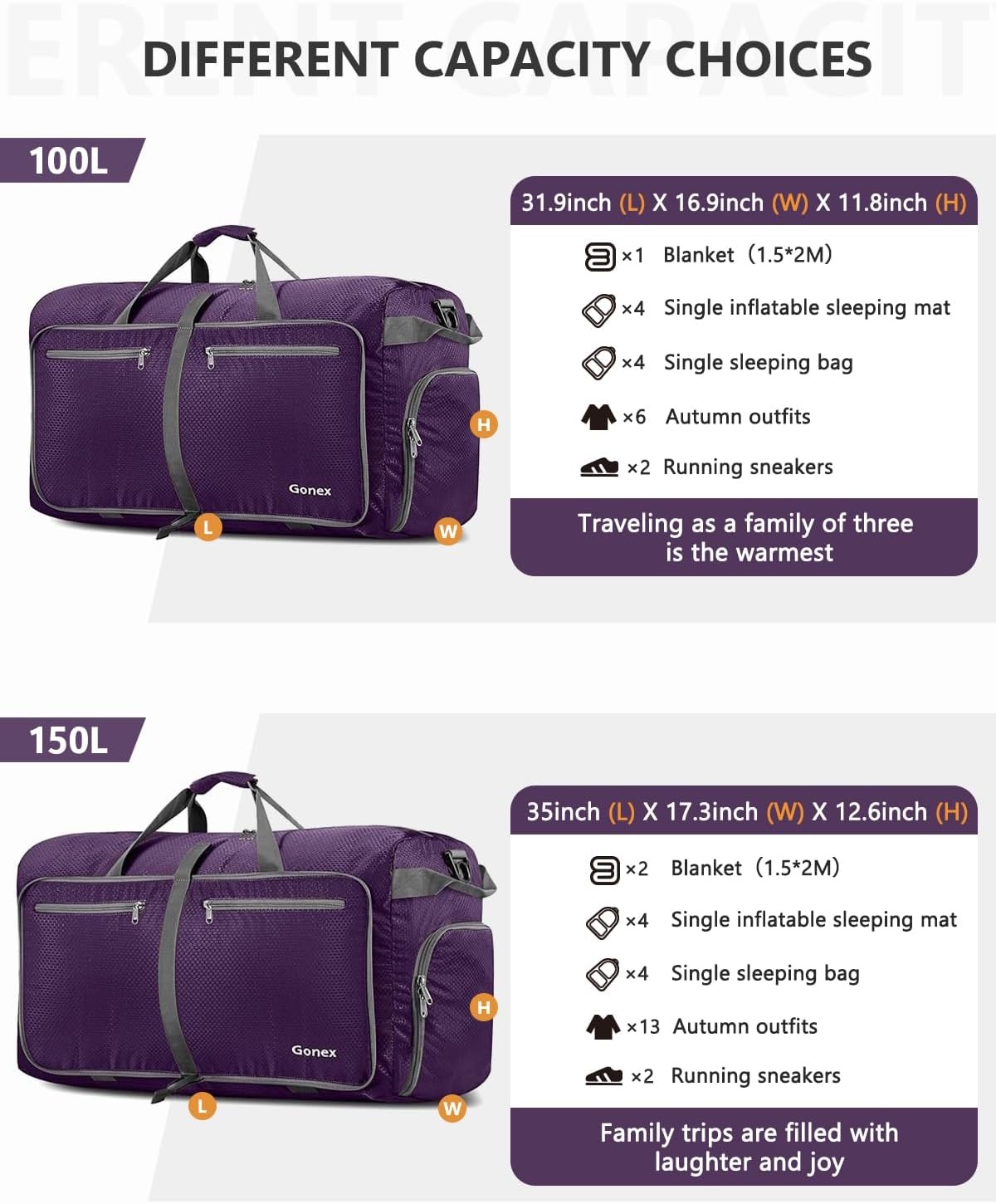 image:imageGonex Large Foldable Travel Duffle Bag with Shoes Compartment Packable Lightweight Water Repellent Duffel Bag for Camping Gym Weekender BagPurple