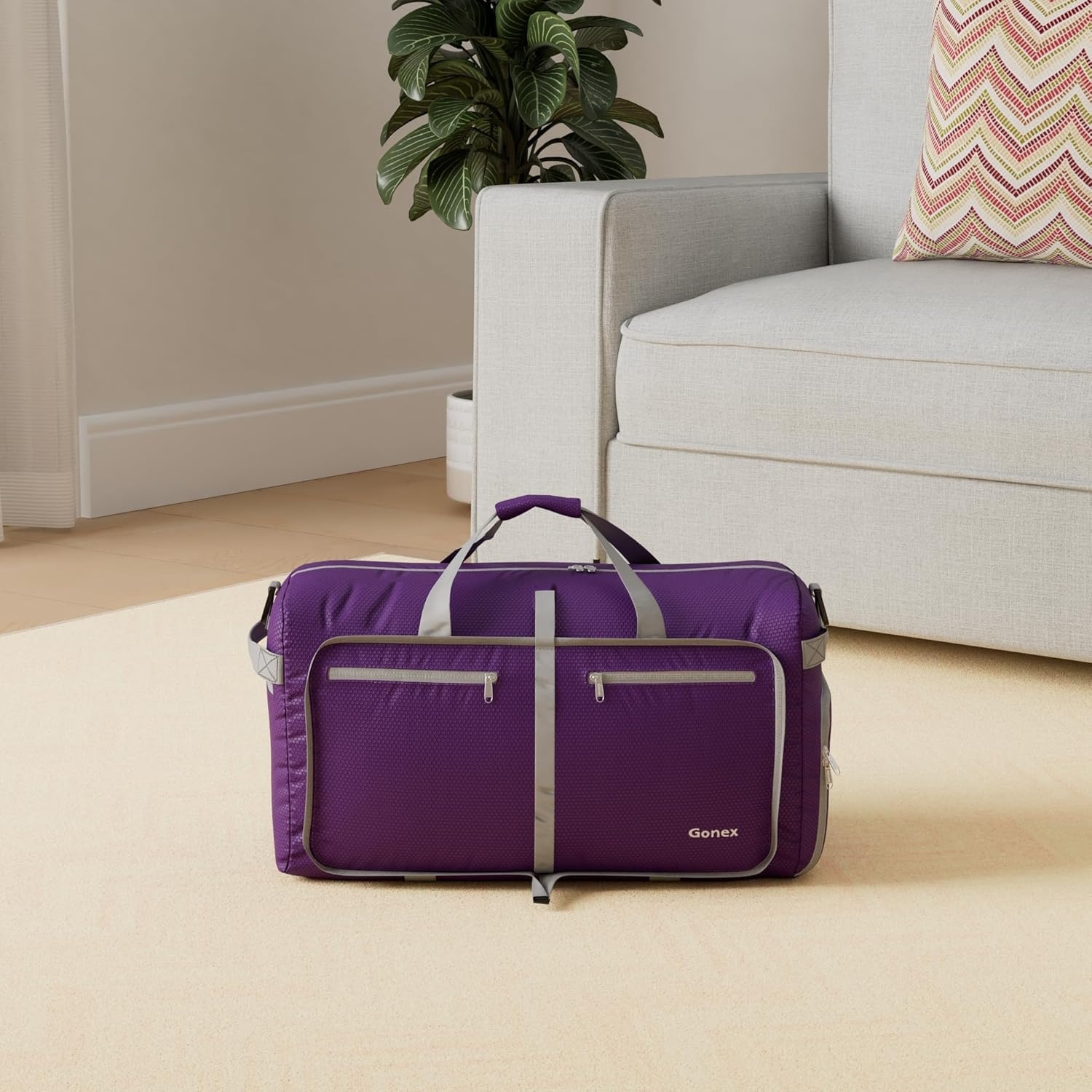 image:imageGonex Large Foldable Travel Duffle Bag with Shoes Compartment Packable Lightweight Water Repellent Duffel Bag for Camping Gym Weekender BagPurple