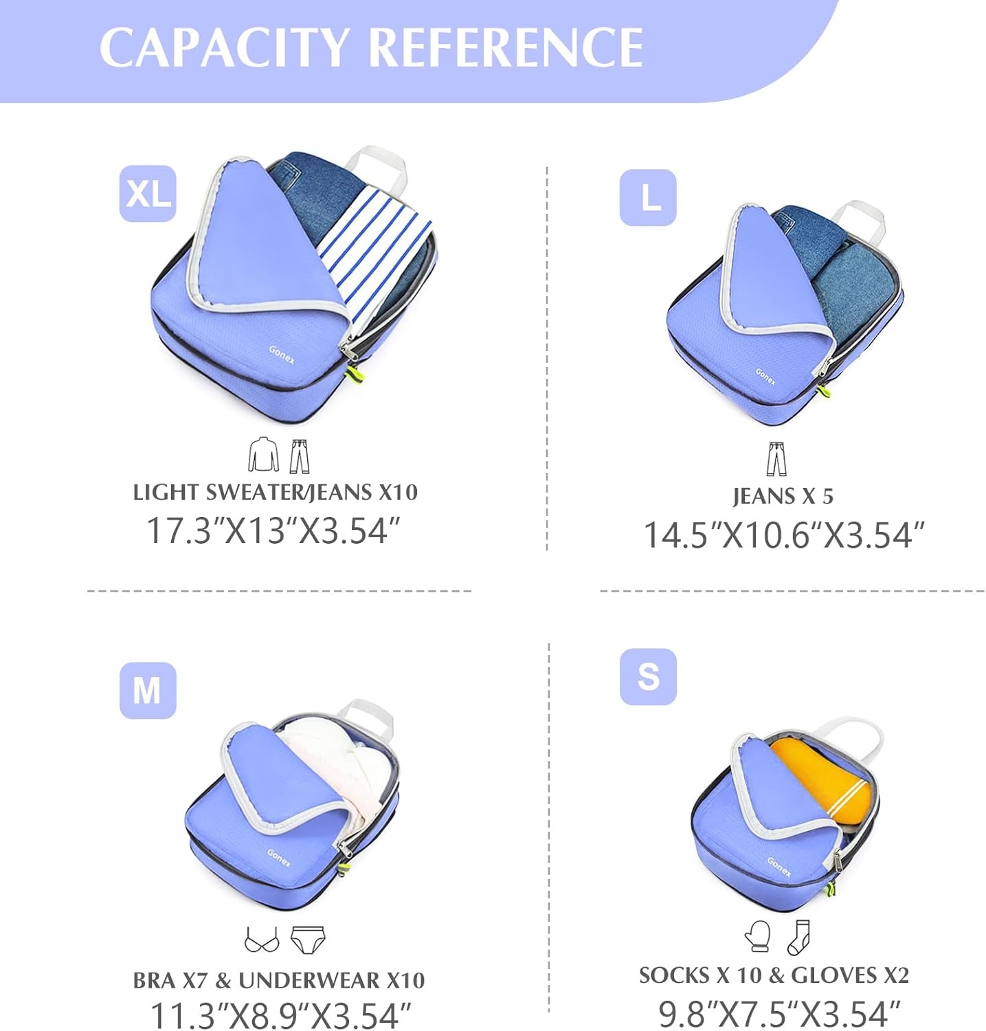 image:imageGonex 10 Set Compression Packing Cubes Expandable Storage Travel Bags for Suitcase Luggage Organizers with Hanging Toiletry Bag Laundry Bag Shoe Bag Accessories Bag Blue4Periwinkle
