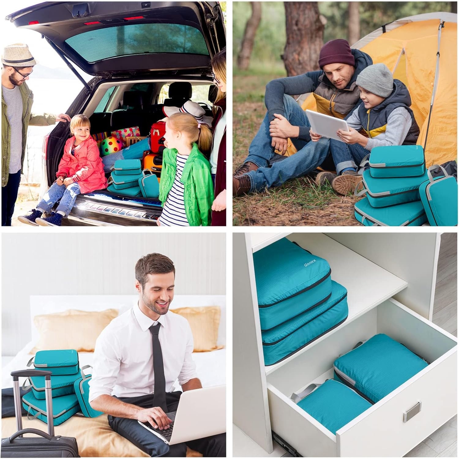 image:imageGonex 10 Set Compression Packing Cubes Expandable Storage Travel Bags for Suitcase Luggage Organizers with Hanging Toiletry Bag Laundry Bag Shoe Bag Accessories Bag Blue4Blue
