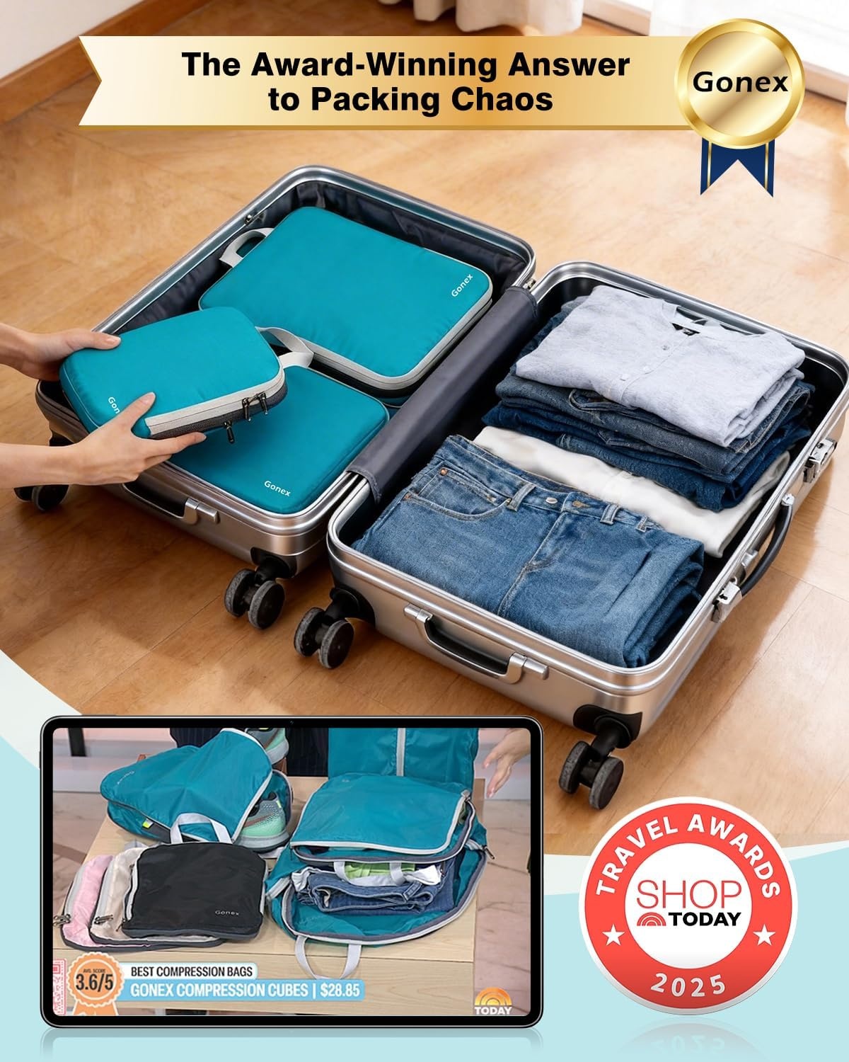 image:imageGonex 10 Set Compression Packing Cubes Expandable Storage Travel Bags for Suitcase Luggage Organizers with Hanging Toiletry Bag Laundry Bag Shoe Bag Accessories Bag Blue4Blue