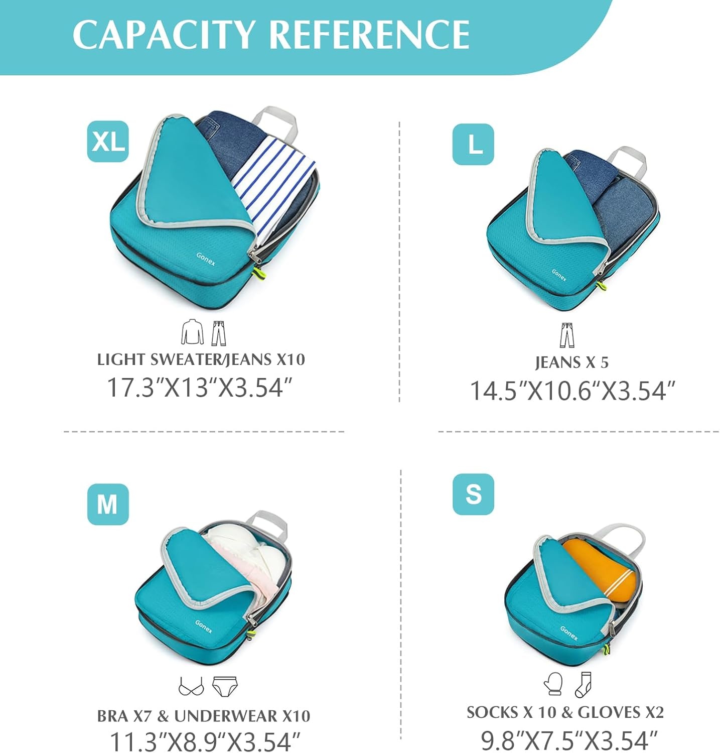 image:imageGonex 10 Set Compression Packing Cubes Expandable Storage Travel Bags for Suitcase Luggage Organizers with Hanging Toiletry Bag Laundry Bag Shoe Bag Accessories Bag Blue4Blue