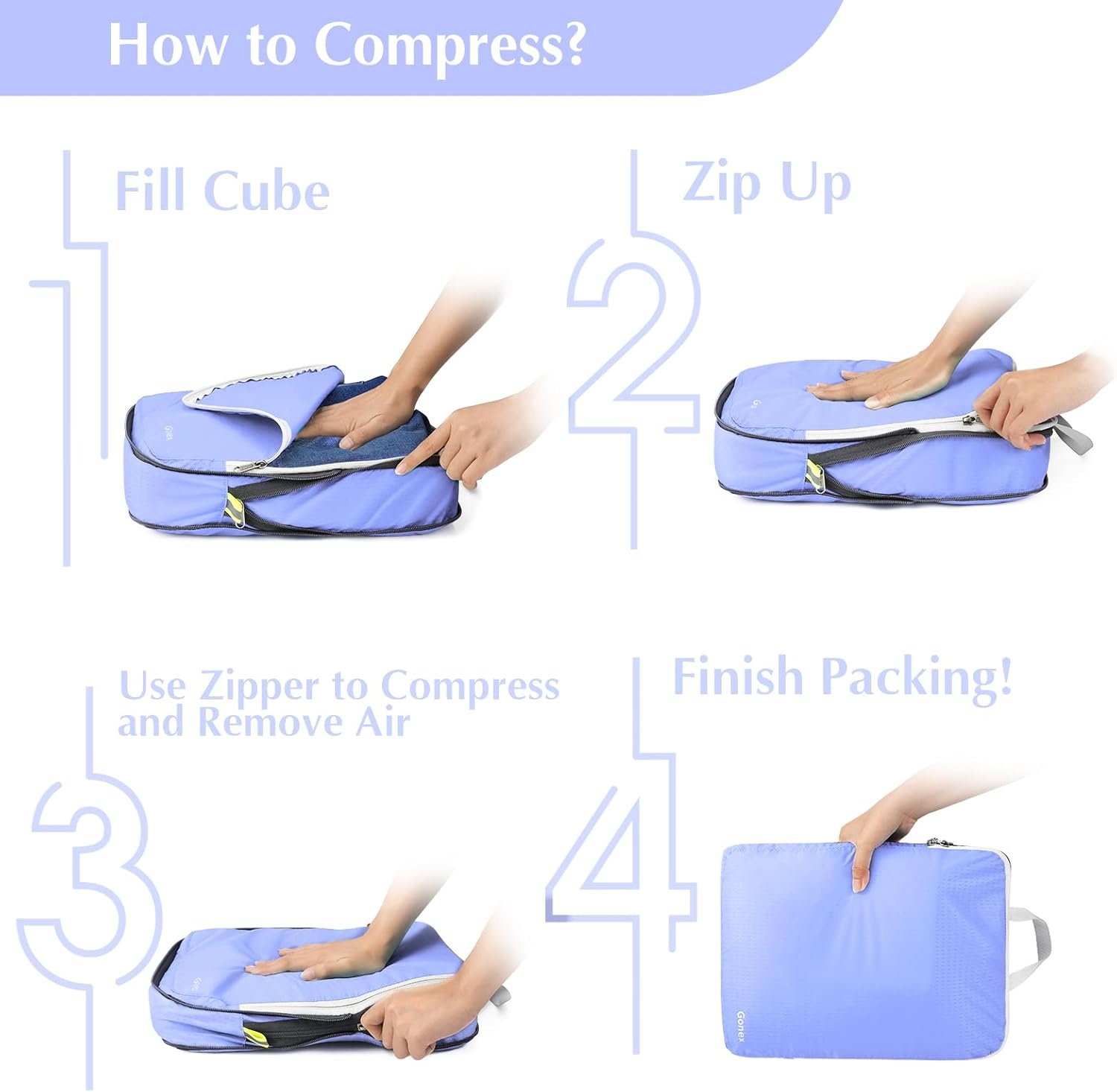 image:imageGonex 10 Set Compression Packing Cubes Expandable Storage Travel Bags for Suitcase Luggage Organizers with Hanging Toiletry Bag Laundry Bag Shoe Bag Accessories Bag Blue4Periwinkle