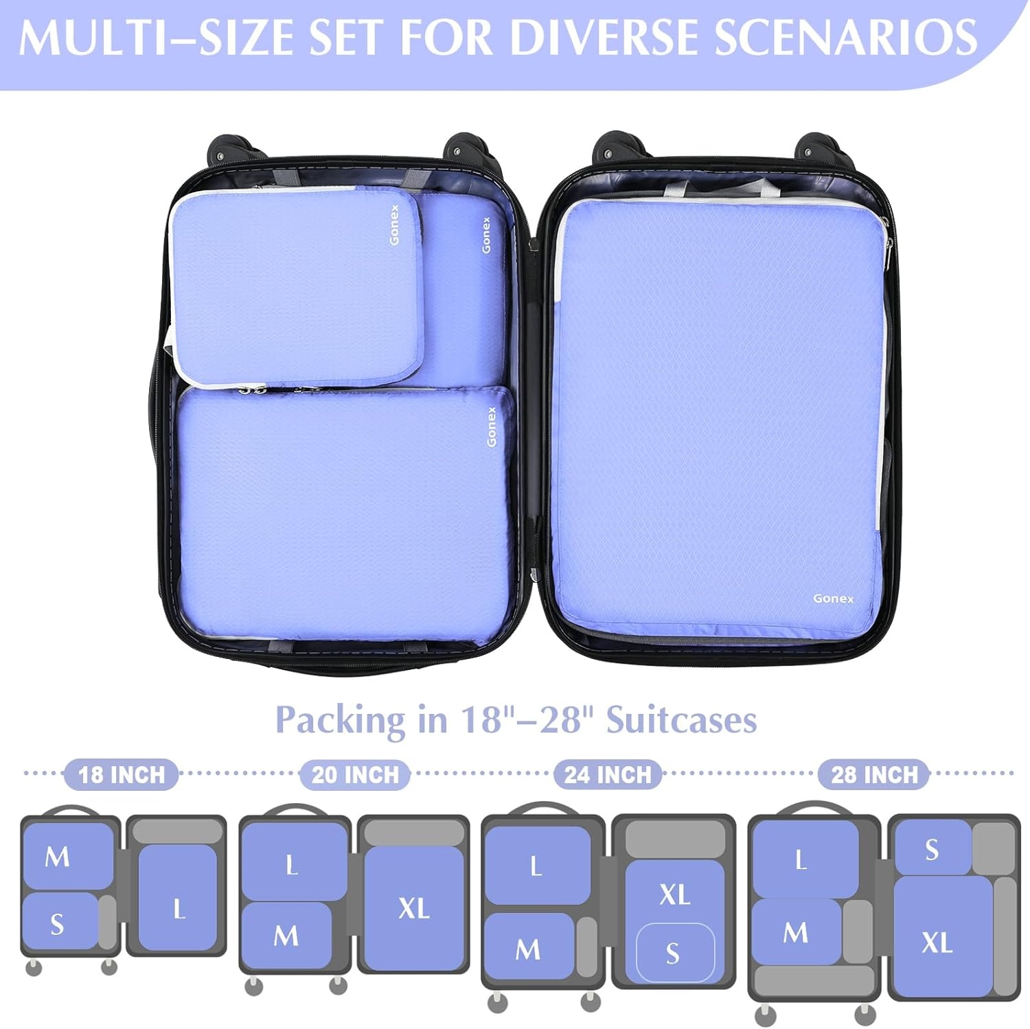 image:imageGonex 10 Set Compression Packing Cubes Expandable Storage Travel Bags for Suitcase Luggage Organizers with Hanging Toiletry Bag Laundry Bag Shoe Bag Accessories Bag Blue4Periwinkle
