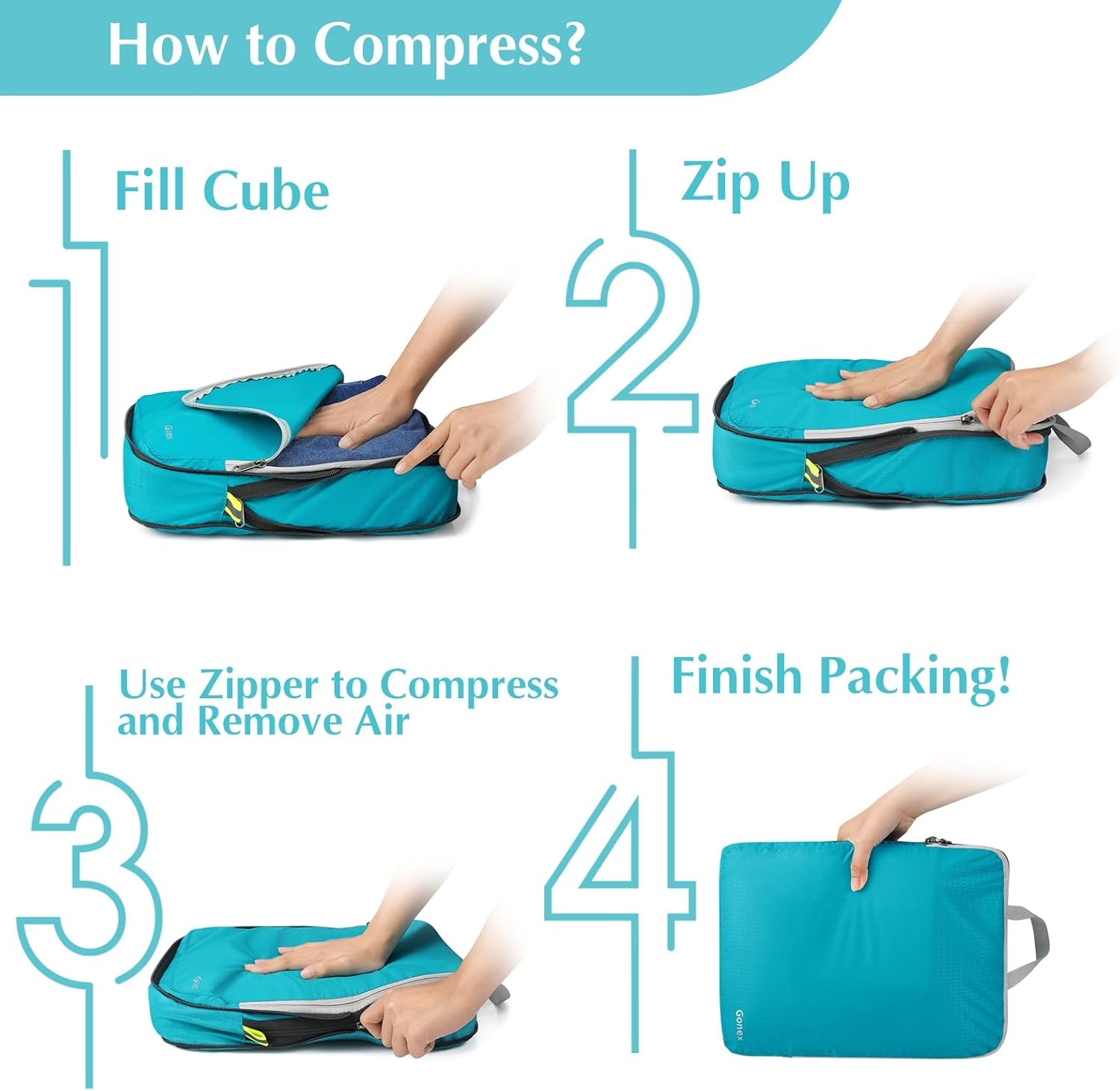 image:imageGonex 10 Set Compression Packing Cubes Expandable Storage Travel Bags for Suitcase Luggage Organizers with Hanging Toiletry Bag Laundry Bag Shoe Bag Accessories Bag Blue4Blue