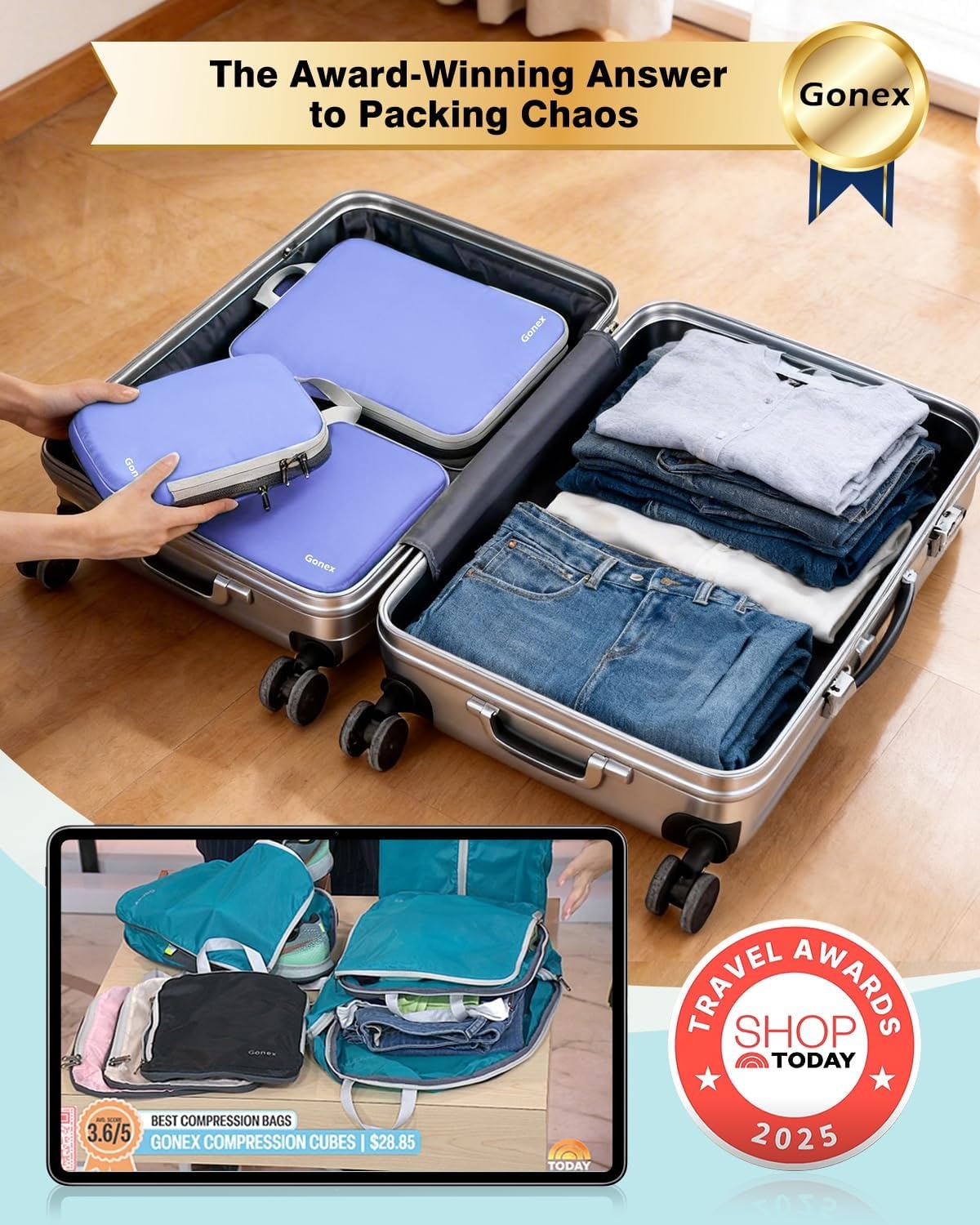 image:imageGonex 10 Set Compression Packing Cubes Expandable Storage Travel Bags for Suitcase Luggage Organizers with Hanging Toiletry Bag Laundry Bag Shoe Bag Accessories Bag Blue4Periwinkle
