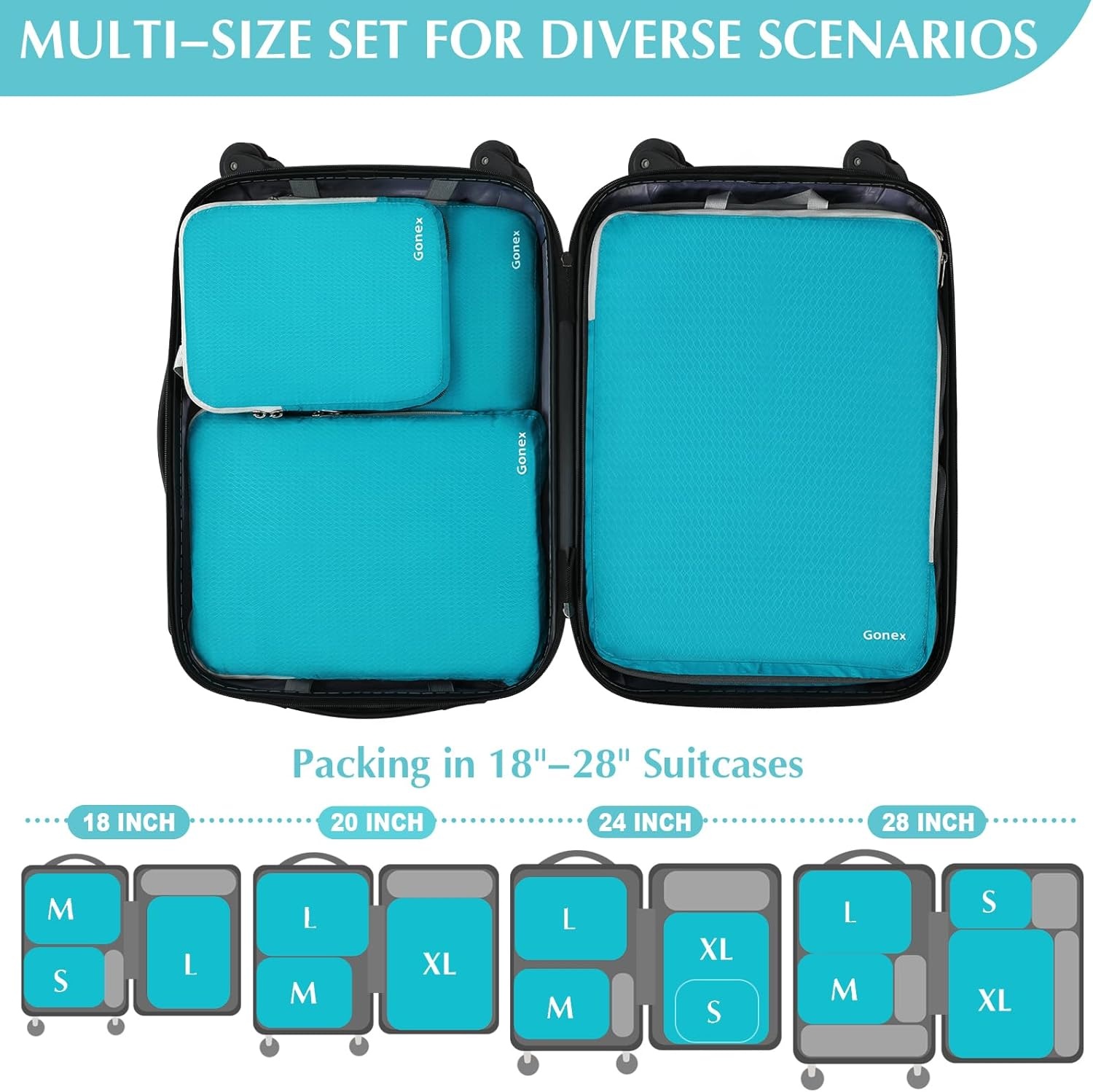image:imageGonex 10 Set Compression Packing Cubes Expandable Storage Travel Bags for Suitcase Luggage Organizers with Hanging Toiletry Bag Laundry Bag Shoe Bag Accessories Bag Blue4Blue