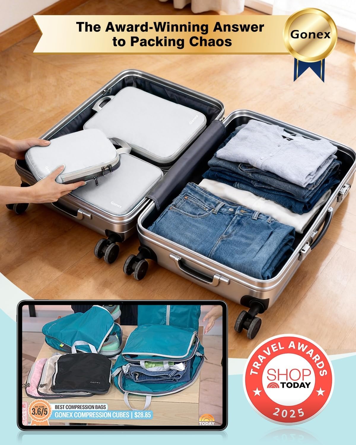 image:imageGonex 10 Set Compression Packing Cubes Expandable Storage Travel Bags for Suitcase Luggage Organizers with Hanging Toiletry Bag Laundry Bag Shoe Bag Accessories Bag Blue4White