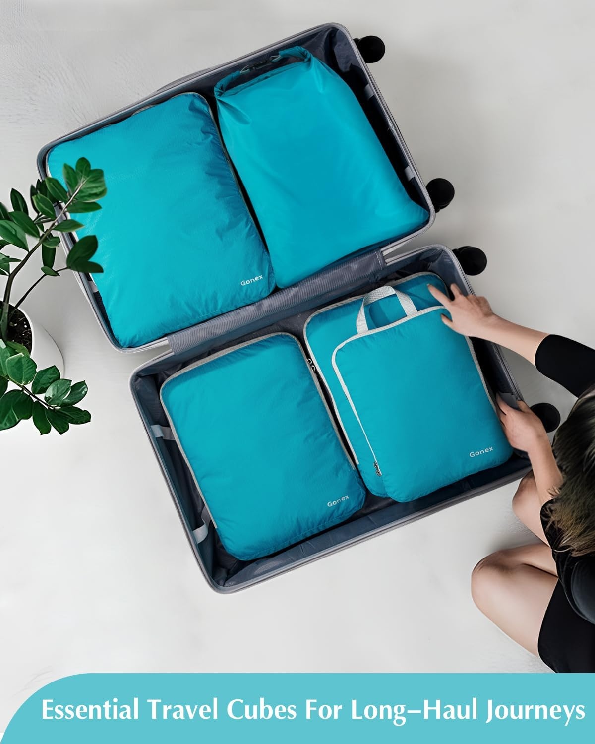 image:imageGonex 10 Set Compression Packing Cubes Expandable Storage Travel Bags for Suitcase Luggage Organizers with Hanging Toiletry Bag Laundry Bag Shoe Bag Accessories Bag Blue5Blue
