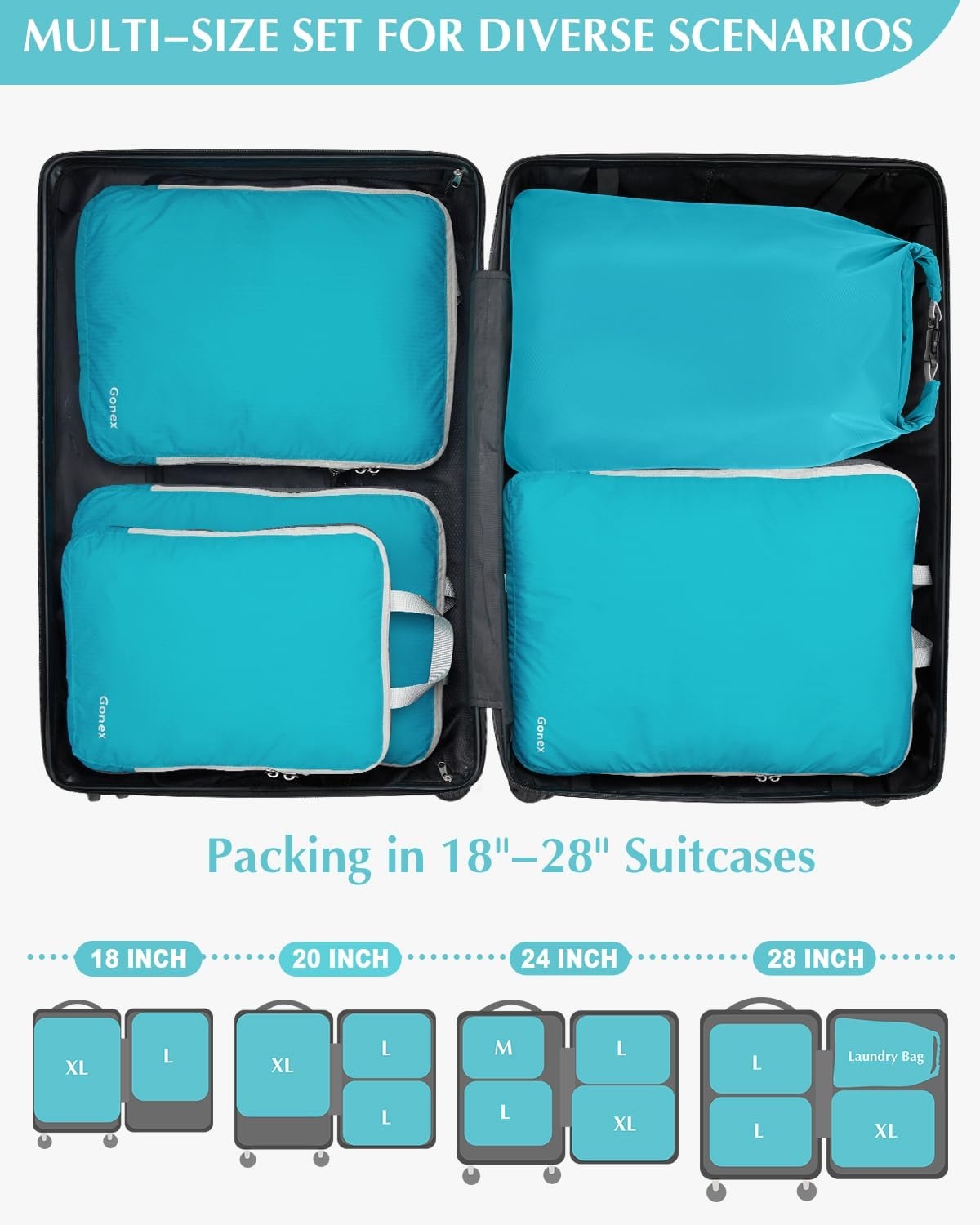 image:imageGonex 10 Set Compression Packing Cubes Expandable Storage Travel Bags for Suitcase Luggage Organizers with Hanging Toiletry Bag Laundry Bag Shoe Bag Accessories Bag Blue5Blue