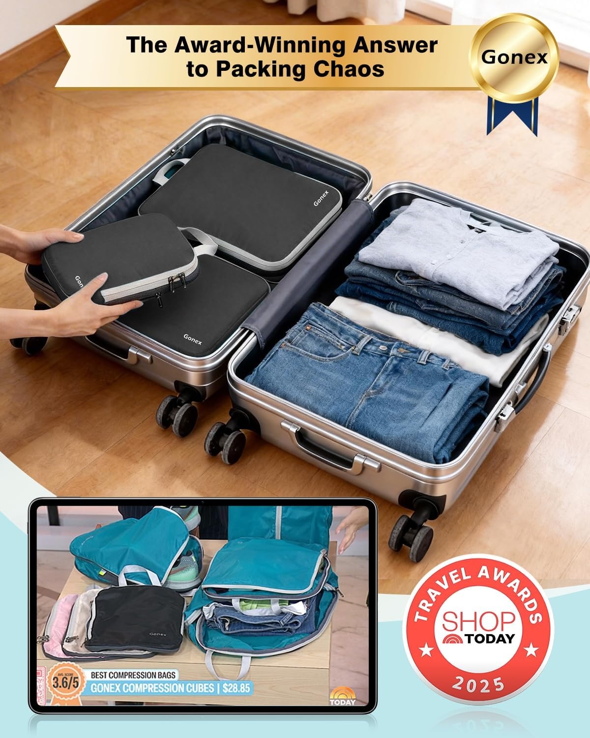 image:imageGonex 10 Set Compression Packing Cubes Expandable Storage Travel Bags for Suitcase Luggage Organizers with Hanging Toiletry Bag Laundry Bag Shoe Bag Accessories Bag Blue4Deep Gray