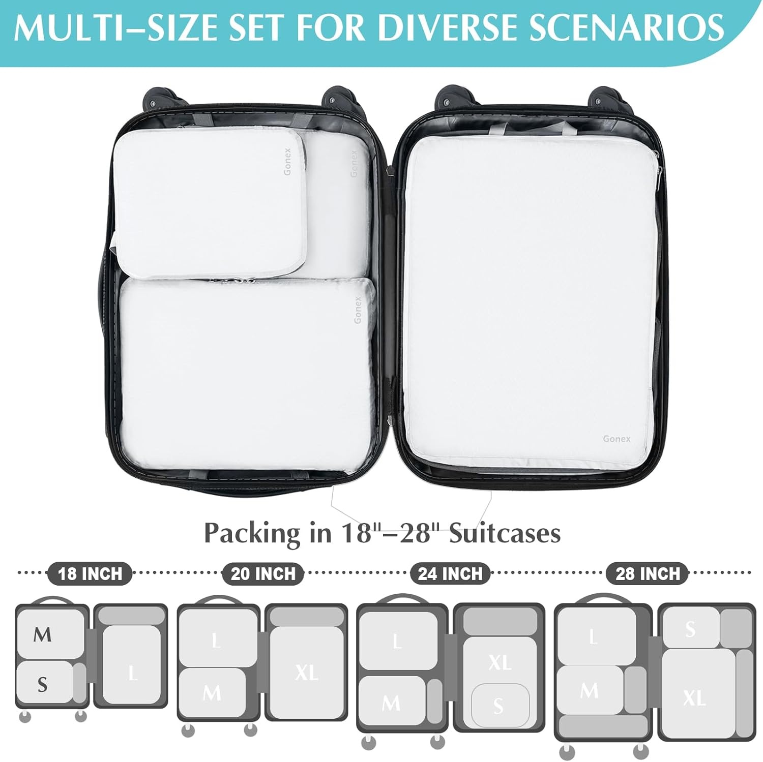 image:imageGonex 10 Set Compression Packing Cubes Expandable Storage Travel Bags for Suitcase Luggage Organizers with Hanging Toiletry Bag Laundry Bag Shoe Bag Accessories Bag Blue4White