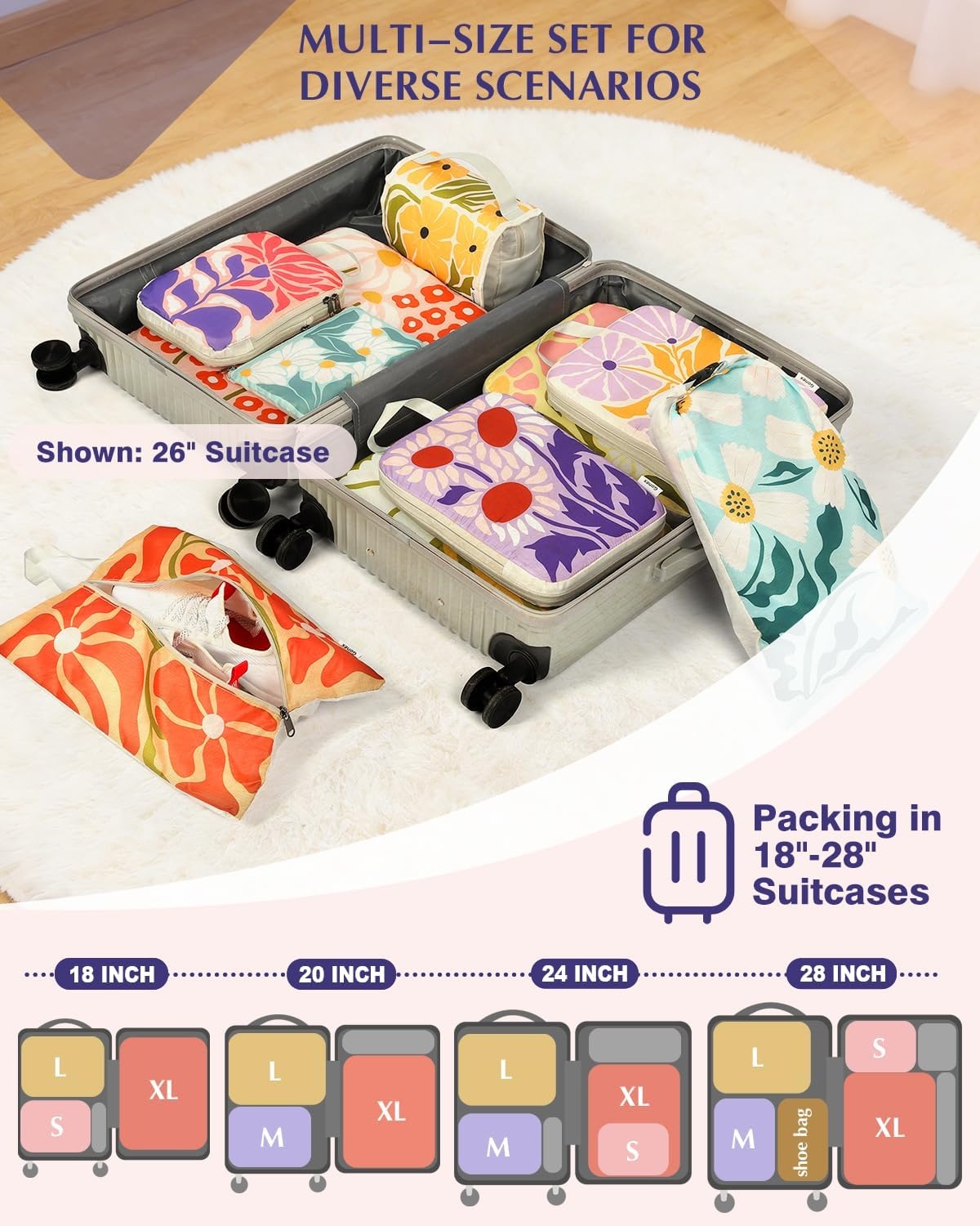 image:imageGonex Compression Packing Cubes 10pcs Expandable Storage Travel Luggage Bags Organizers with Hanging Toiletry Bag Laundry Bag Shoe Bag Accessories Bag Travel Cubes for Suitcase Carry On Flowers10Flowers