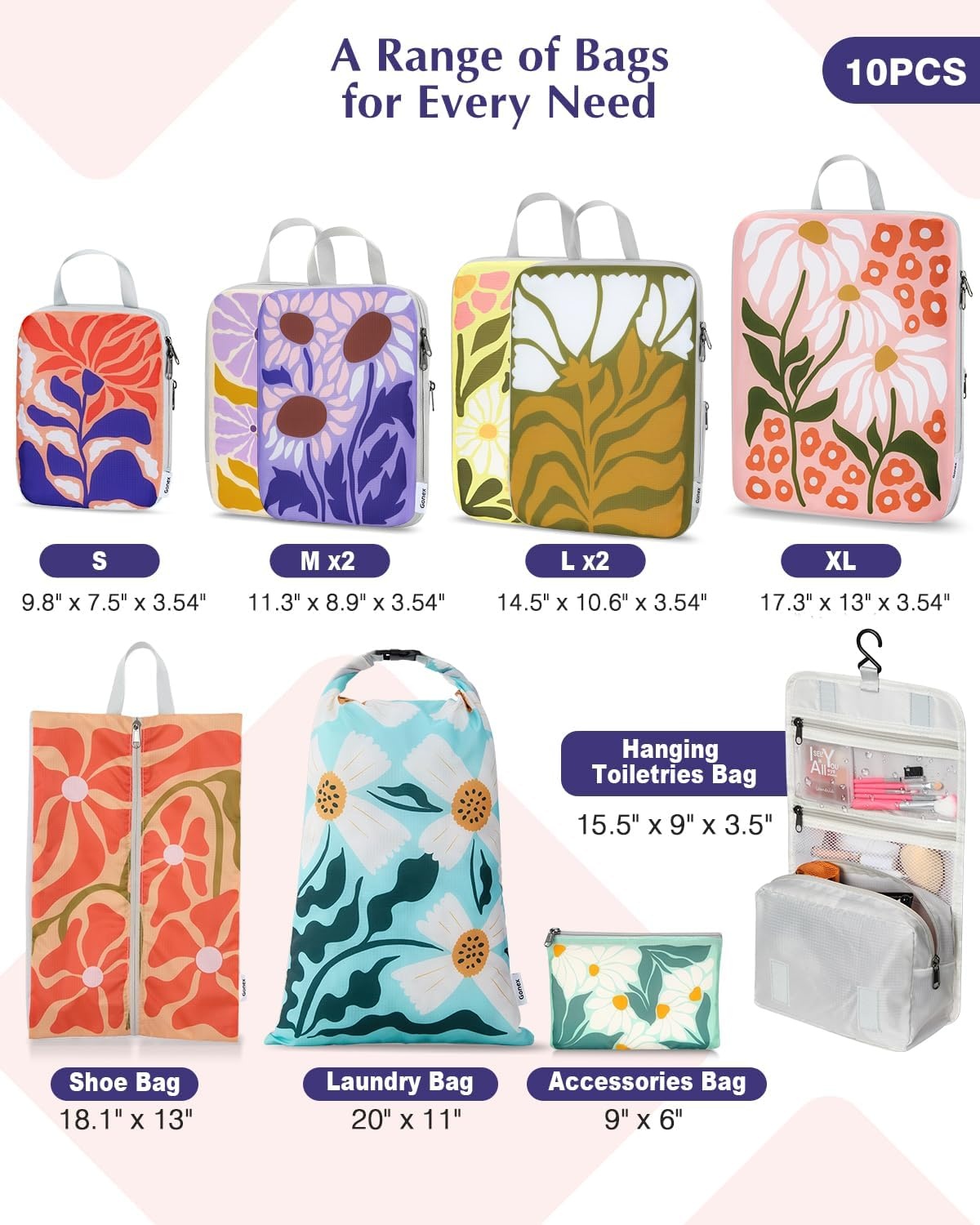 image:imageGonex Compression Packing Cubes 10pcs Expandable Storage Travel Luggage Bags Organizers with Hanging Toiletry Bag Laundry Bag Shoe Bag Accessories Bag Travel Cubes for Suitcase Carry On Flowers10Flowers