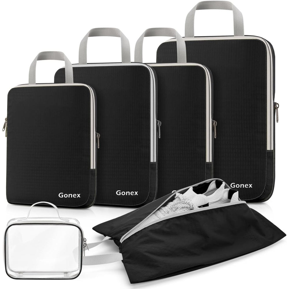 image:imageGonex 10 Set Compression Packing Cubes Expandable Storage Travel Bags for Suitcase Luggage Organizers with Hanging Toiletry Bag Laundry Bag Shoe Bag Accessories Bag Blue6Black
