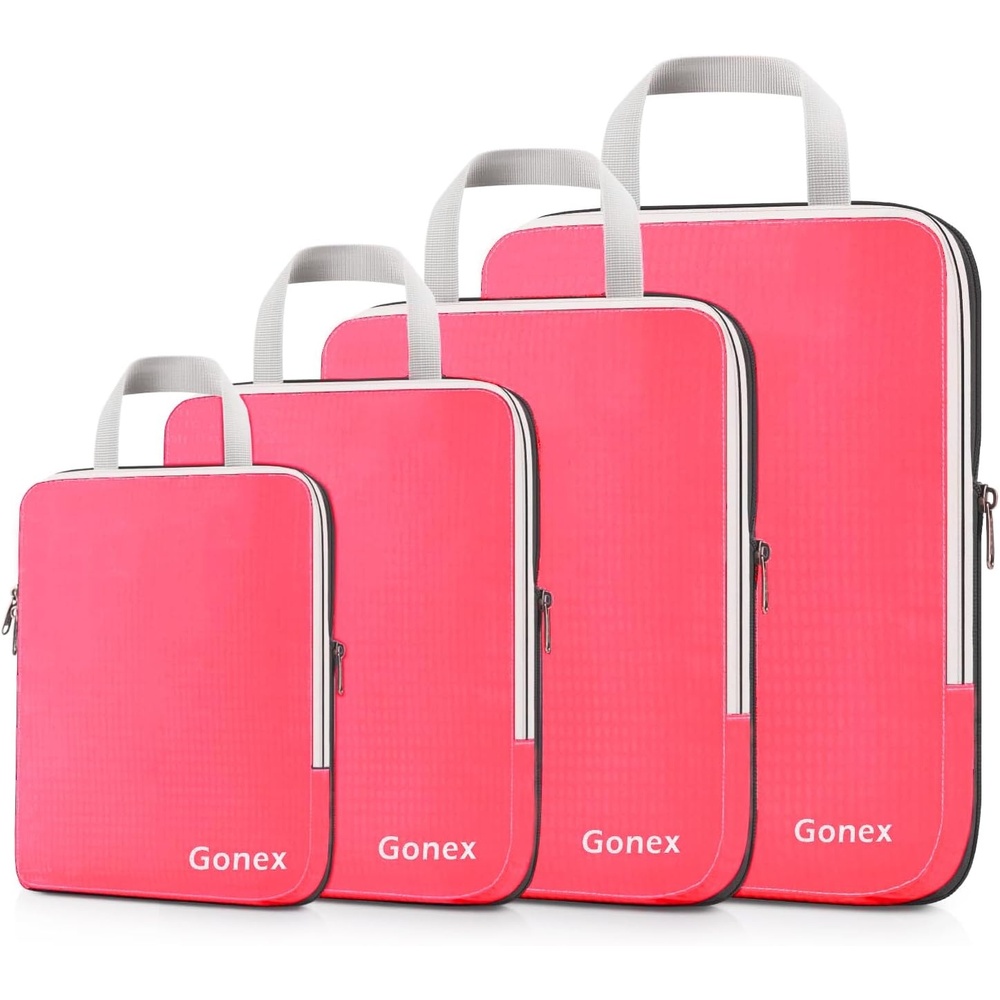 image:imageGonex 10 Set Compression Packing Cubes Expandable Storage Travel Bags for Suitcase Luggage Organizers with Hanging Toiletry Bag Laundry Bag Shoe Bag Accessories Bag Blue4Bright Pink