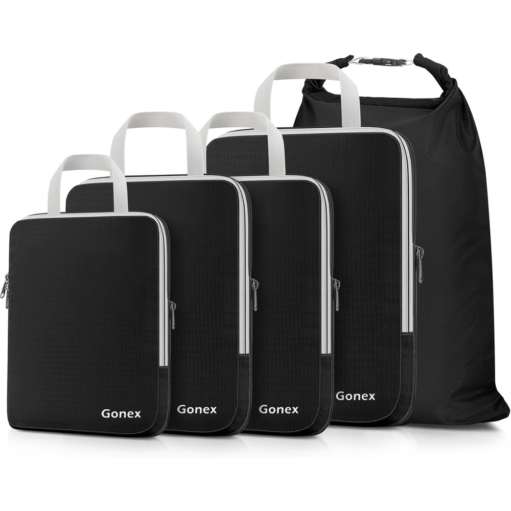 image:imageGonex 10 Set Compression Packing Cubes Expandable Storage Travel Bags for Suitcase Luggage Organizers with Hanging Toiletry Bag Laundry Bag Shoe Bag Accessories Bag Blue5Black