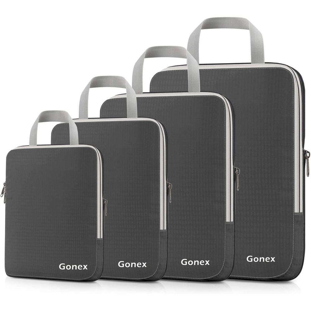 image:imageGonex 10 Set Compression Packing Cubes Expandable Storage Travel Bags for Suitcase Luggage Organizers with Hanging Toiletry Bag Laundry Bag Shoe Bag Accessories Bag Blue4Deep Gray