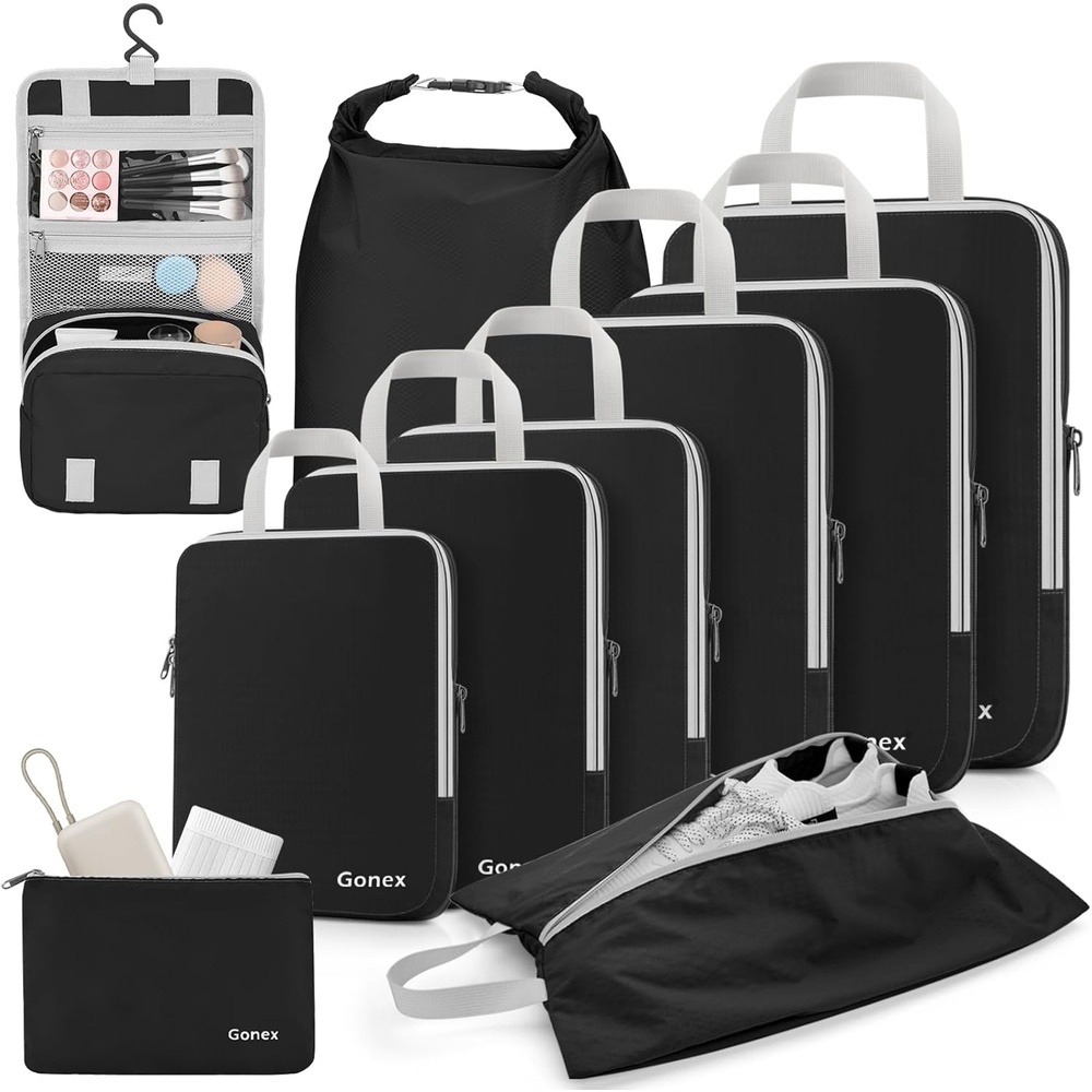 image:imageGonex 10 Set Compression Packing Cubes Expandable Storage Travel Bags for Suitcase Luggage Organizers with Hanging Toiletry Bag Laundry Bag Shoe Bag Accessories Bag Blue10Black