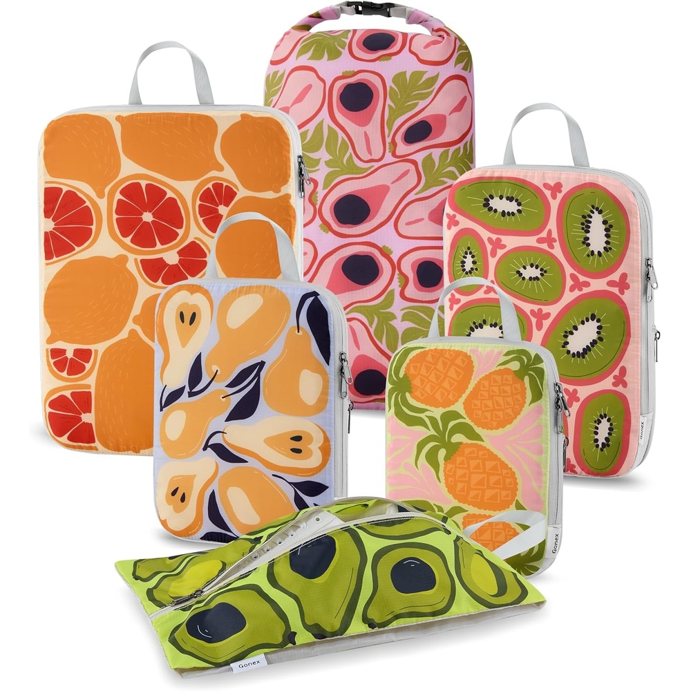 image:imageGonex Compression Packing Cubes 10pcs Expandable Storage Travel Luggage Bags Organizers with Hanging Toiletry Bag Laundry Bag Shoe Bag Accessories Bag Travel Cubes for Suitcase Carry On FlowersFruit