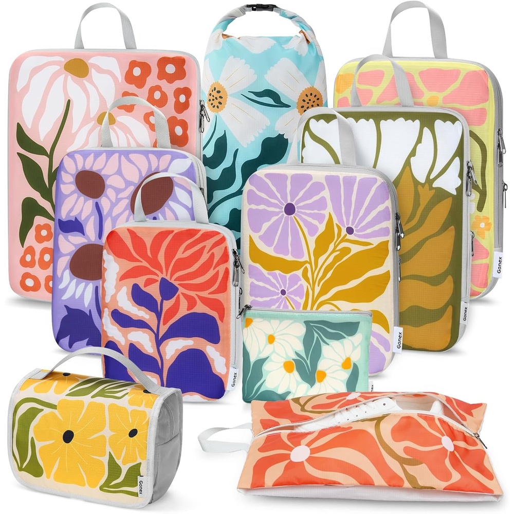 image:imageGonex Compression Packing Cubes 10pcs Expandable Storage Travel Luggage Bags Organizers with Hanging Toiletry Bag Laundry Bag Shoe Bag Accessories Bag Travel Cubes for Suitcase Carry On Flowers10Flowers