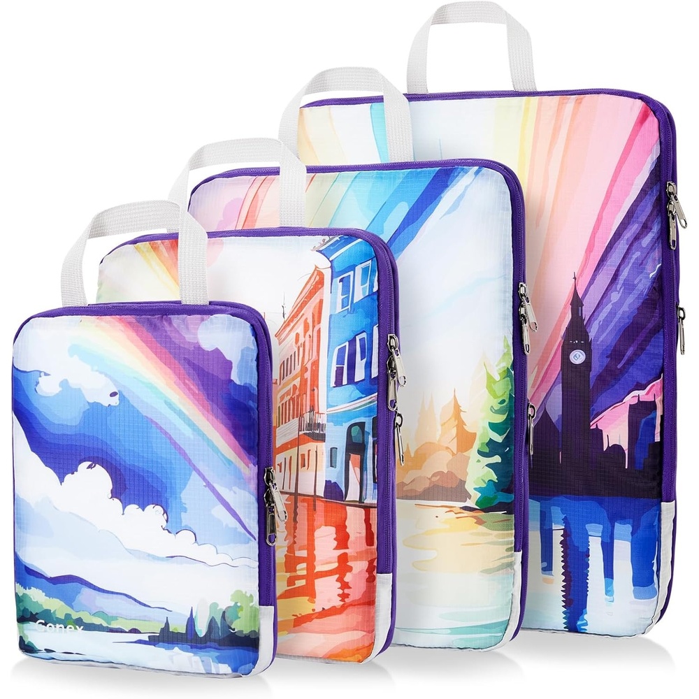 image:imageGonex Compression Packing Cubes 10pcs Expandable Storage Travel Luggage Bags Organizers with Hanging Toiletry Bag Laundry Bag Shoe Bag Accessories Bag Travel Cubes for Suitcase Carry On FlowersRainbow