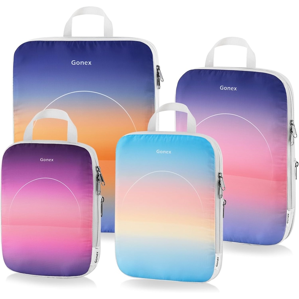 image:imageGonex Compression Packing Cubes 10pcs Expandable Storage Travel Luggage Bags Organizers with Hanging Toiletry Bag Laundry Bag Shoe Bag Accessories Bag Travel Cubes for Suitcase Carry On Flowers4Gradient