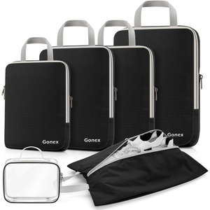 Gonex 10 Set Compression Packing Cubes, Expandable Storage Travel Bags for Suitcase, Luggage Organizers with Hanging Toiletry Bag Laundry Bag Shoe Bag Accessories Bag (Blue)(6-Black)
