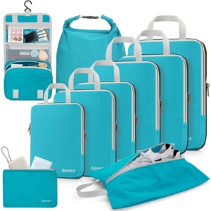 Gonex 10 Set Compression Packing Cubes, Expandable Storage Travel Bags for Suitcase, Luggage Organizers with Hanging Toiletry Bag Laundry Bag Shoe Bag Accessories Bag (Blue)(10-Blue)