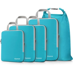 Gonex 10 Set Compression Packing Cubes, Expandable Storage Travel Bags for Suitcase, Luggage Organizers with Hanging Toiletry Bag Laundry Bag Shoe Bag Accessories Bag (Blue)(5-Blue)