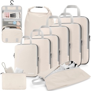 Gonex 10 Set Compression Packing Cubes, Expandable Storage Travel Bags for Suitcase, Luggage Organizers with Hanging Toiletry Bag Laundry Bag Shoe Bag Accessories Bag (Blue)(10-Cream)