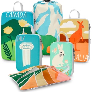 Gonex Compression Packing Cubes, 10pcs Expandable Storage Travel Luggage Bags Organizers with Hanging Toiletry Bag Laundry Bag Shoe Bag Accessories Bag, Travel Cubes for Suitcase Carry On (Flowers)(6-Global Symbols)