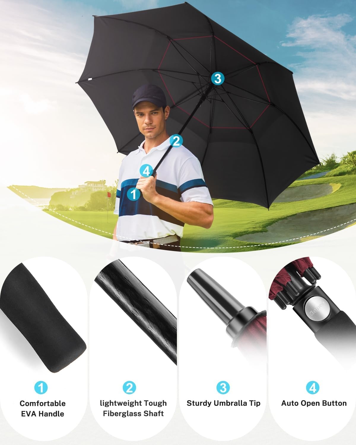 image:imageGonex 5462687280 Inch Extra Large Golf Umbrella Automatic Open Travel Rain Umbrella with Windproof Water Resistant Double Canopy Oversize Vented Umbrellas for 23 Men and UV Protection Multiple ColorsWine Black UV Coating