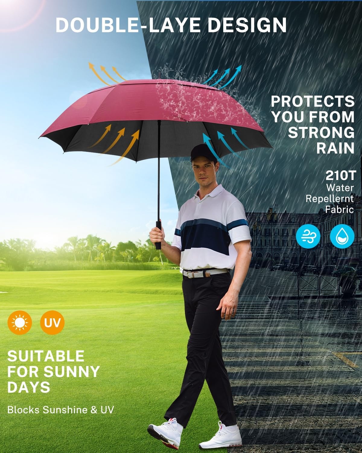 image:imageGonex 5462687280 Inch Extra Large Golf Umbrella Automatic Open Travel Rain Umbrella with Windproof Water Resistant Double Canopy Oversize Vented Umbrellas for 23 Men and UV Protection Multiple ColorsWine Black UV Coating
