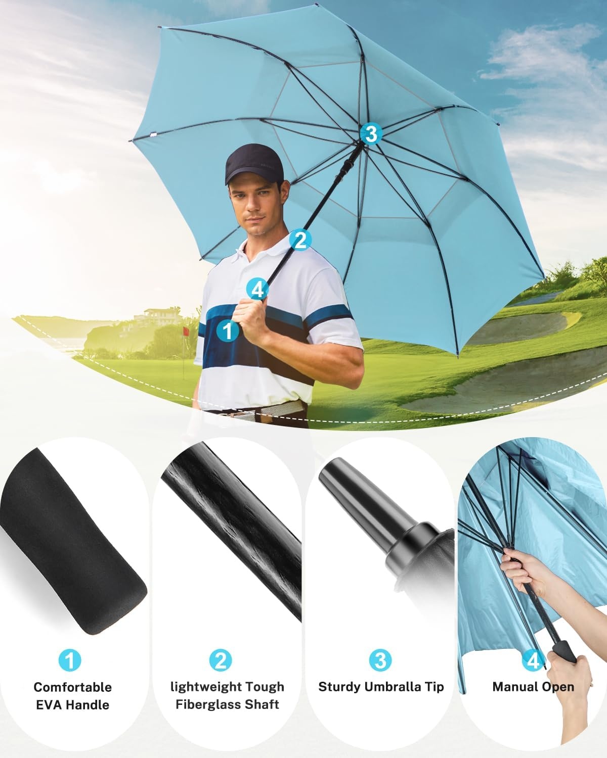 image:imageGonex 5462687280 Inch Extra Large Golf Umbrella Automatic Open Travel Rain Umbrella with Windproof Water Resistant Double Canopy Oversize Vented Umbrellas for 23 Men and UV Protection Multiple ColorsSilverLake Blue
