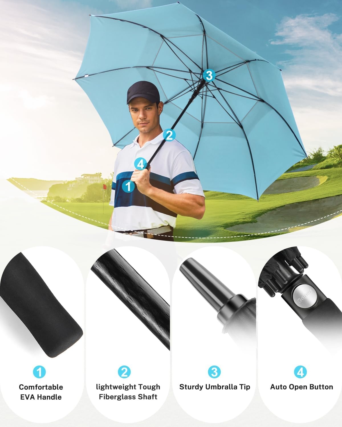 image:imageGonex 5462687280 Inch Extra Large Golf Umbrella Automatic Open Travel Rain Umbrella with Windproof Water Resistant Double Canopy Oversize Vented Umbrellas for 23 Men and UV Protection Multiple ColorsSilverLake Blue