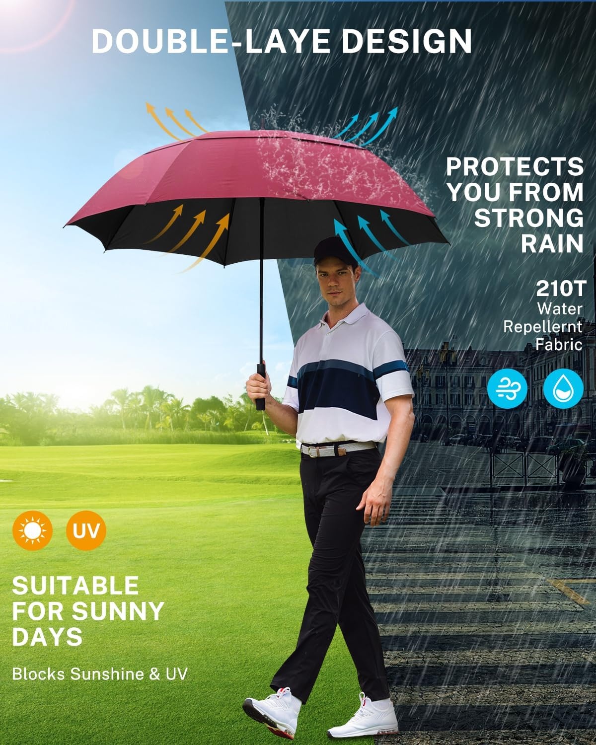 image:imageGonex 5462687280 Inch Extra Large Golf Umbrella Automatic Open Travel Rain Umbrella with Windproof Water Resistant Double Canopy Oversize Vented Umbrellas for 23 Men and UV Protection Multiple ColorsWine Black UV Coating