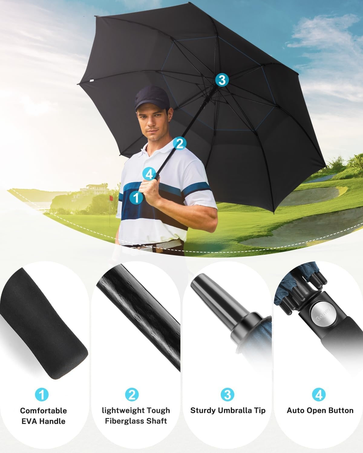 image:imageGonex 5462687280 Inch Extra Large Golf Umbrella Automatic Open Travel Rain Umbrella with Windproof Water Resistant Double Canopy Oversize Vented Umbrellas for 23 Men and UV Protection Multiple ColorsNavy Blue Black UV Coating
