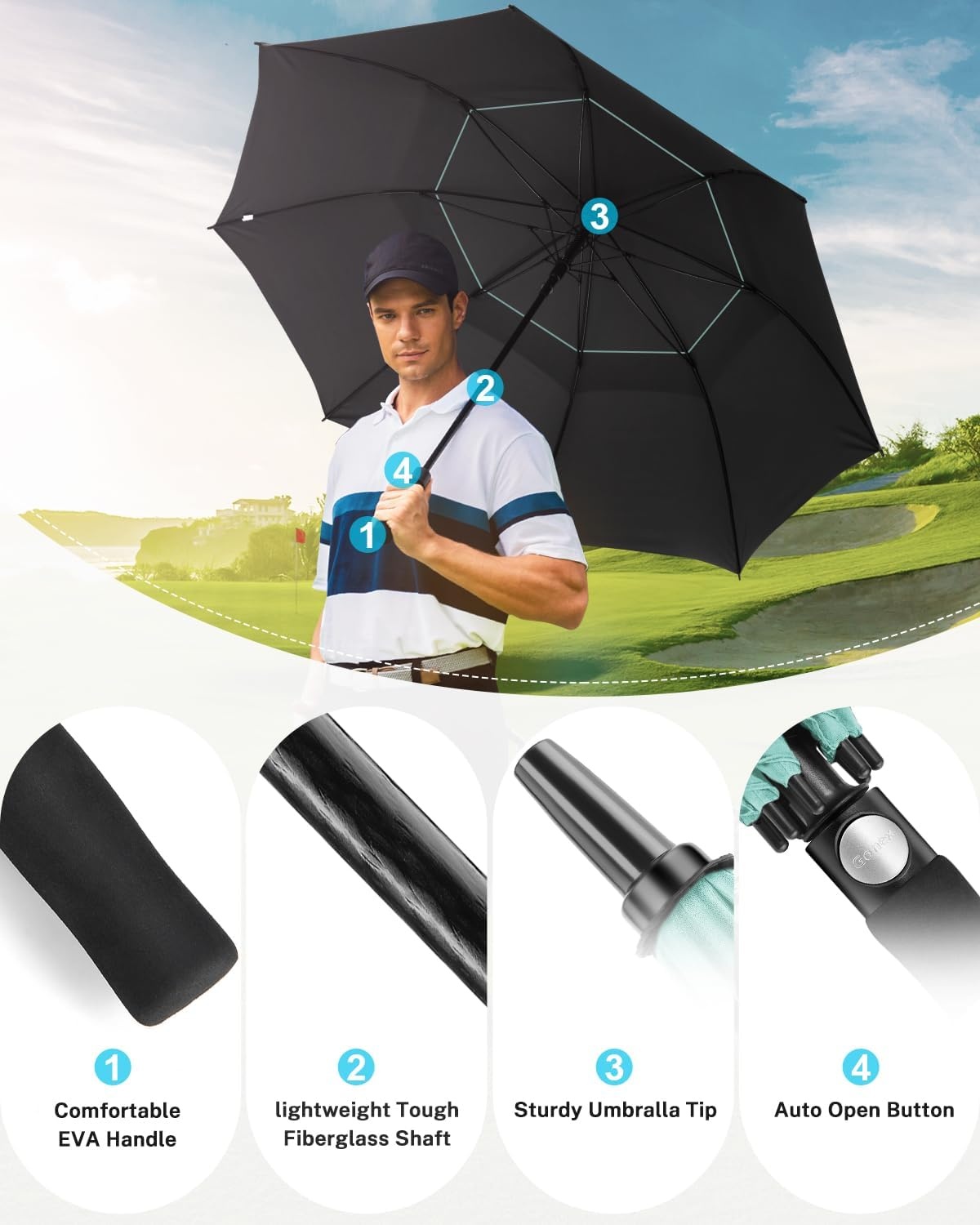 image:imageGonex 5462687280 Inch Extra Large Golf Umbrella Automatic Open Travel Rain Umbrella with Windproof Water Resistant Double Canopy Oversize Vented Umbrellas for 23 Men and UV Protection Multiple ColorsMint Green Black UV Coating