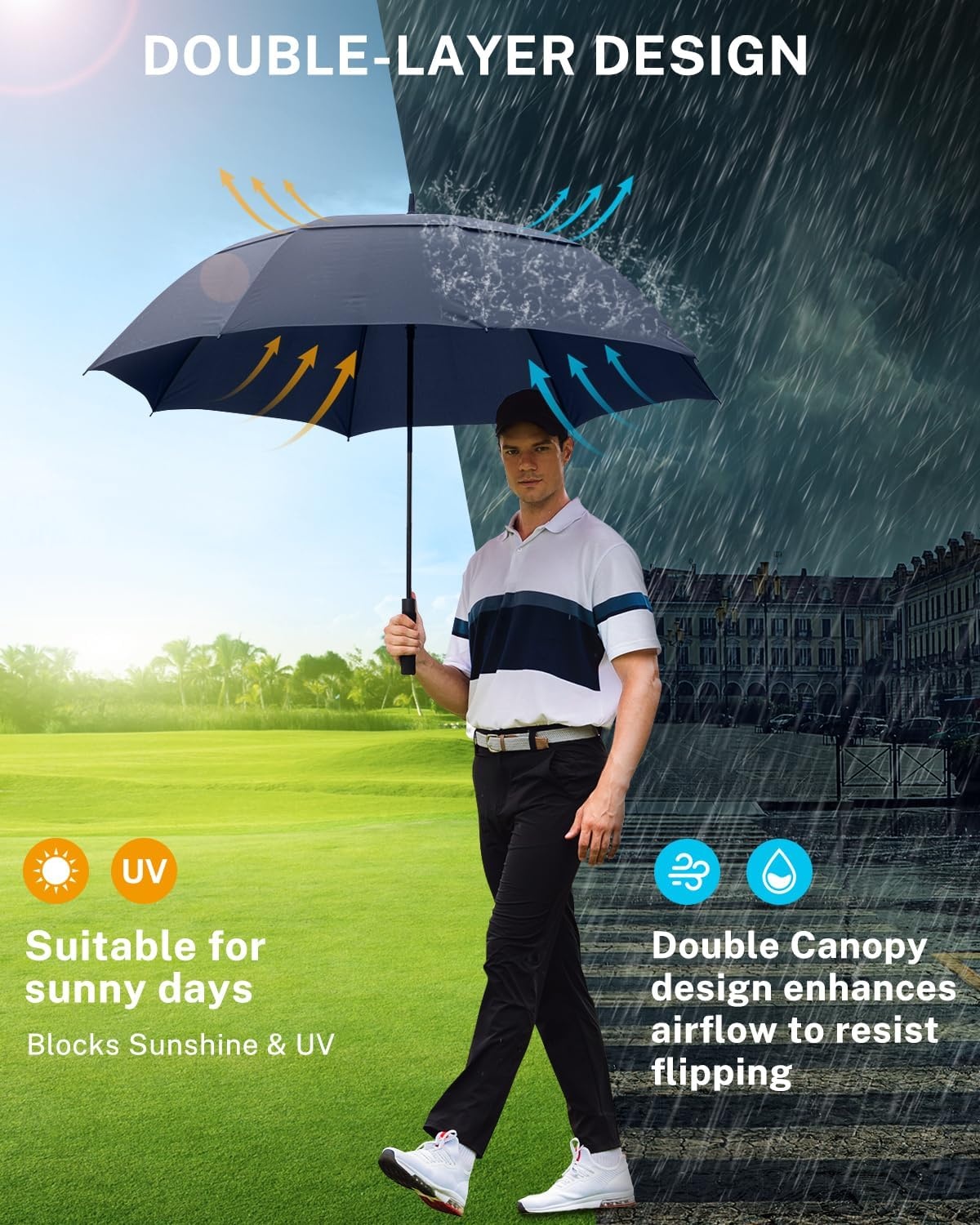 image:imageGonex Windproof Doubleribs Golf Umbrella 6872 inch Auto Open Strong 2x8 Ribs Extra Large Double Vented Canopy Waterproof Rain Umbrella with Comfortable Handle Oversized Sun Umbrella for 24 MenWomen and UV ProtectionNavy Blue