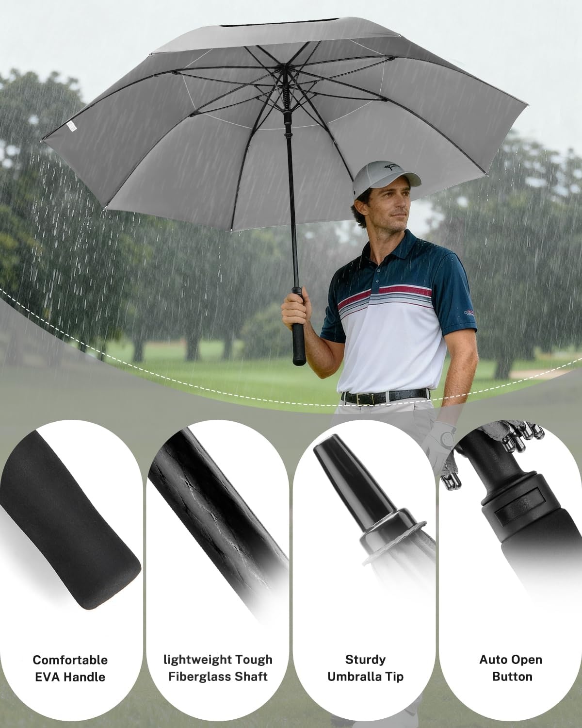 image:imageGonex Windproof Doubleribs Golf Umbrella 6872 inch Auto Open Strong 2x8 Ribs Extra Large Double Vented Canopy Waterproof Rain Umbrella with Comfortable Handle Oversized Sun Umbrella for 24 MenWomen and UV ProtectionGrey