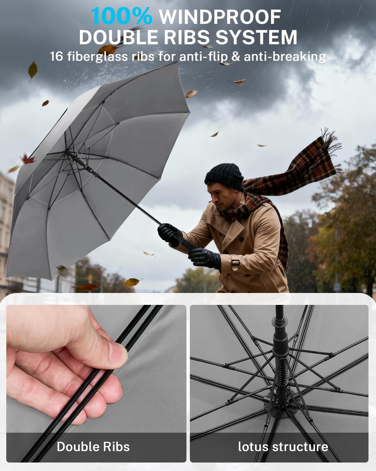 image:imageGonex Windproof Doubleribs Golf Umbrella 6872 inch Auto Open Strong 2x8 Ribs Extra Large Double Vented Canopy Waterproof Rain Umbrella with Comfortable Handle Oversized Sun Umbrella for 24 MenWomen and UV ProtectionGrey