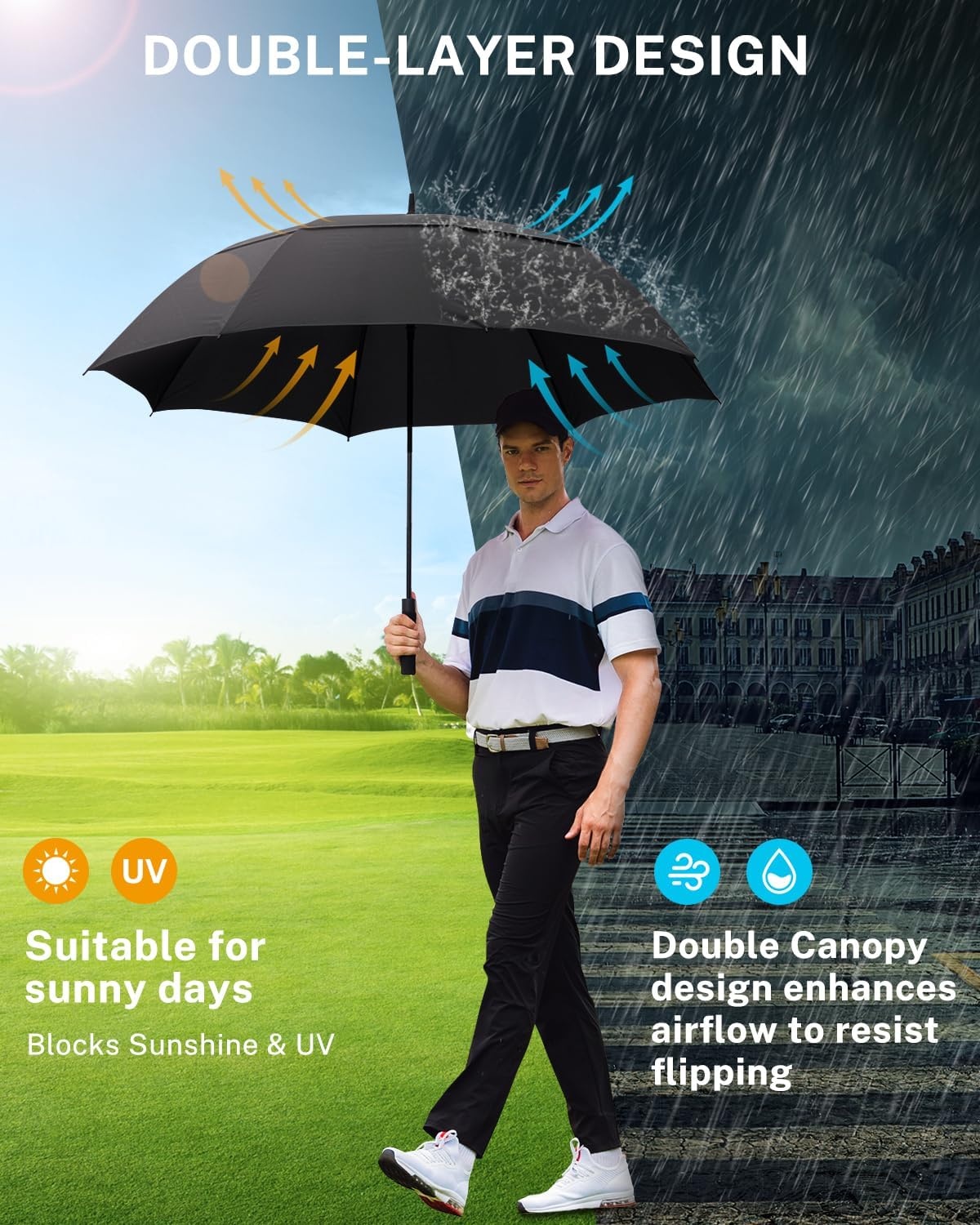 image:imageGonex Windproof Doubleribs Golf Umbrella 6872 inch Auto Open Strong 2x8 Ribs Extra Large Double Vented Canopy Waterproof Rain Umbrella with Comfortable Handle Oversized Sun Umbrella for 24 MenWomen and UV ProtectionBlack