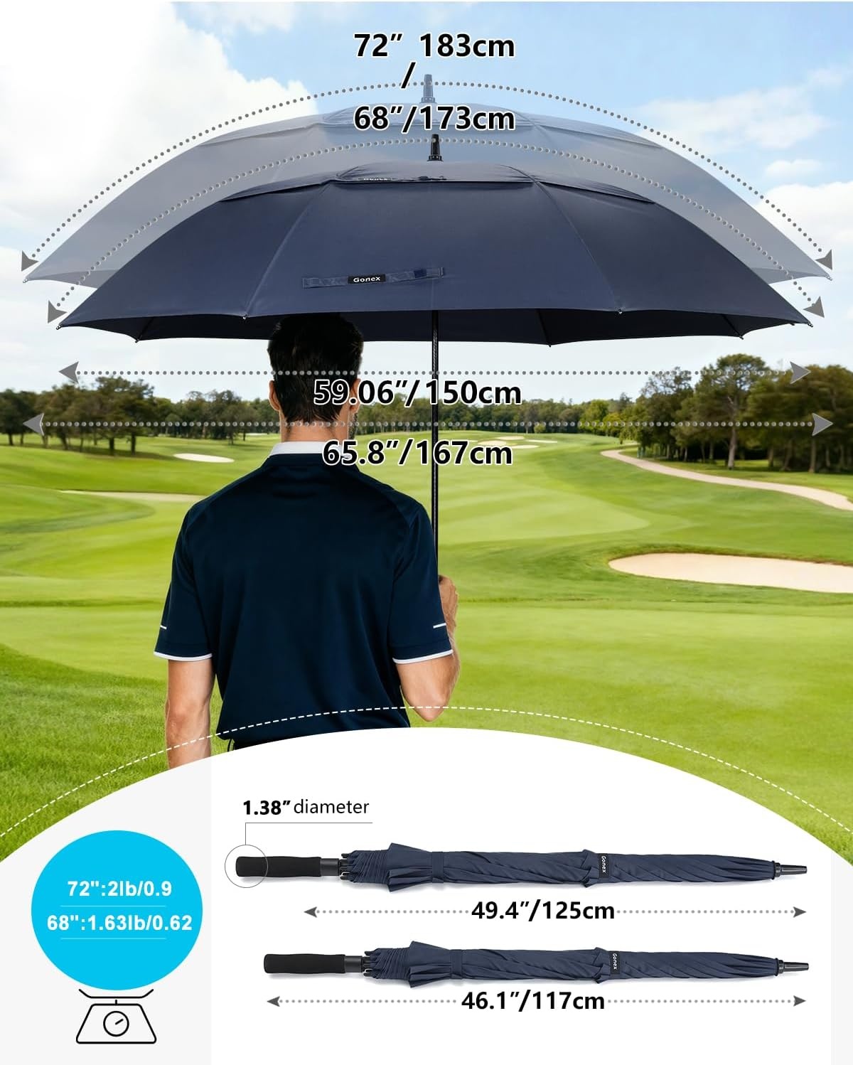 image:imageGonex Windproof Doubleribs Golf Umbrella 6872 inch Auto Open Strong 2x8 Ribs Extra Large Double Vented Canopy Waterproof Rain Umbrella with Comfortable Handle Oversized Sun Umbrella for 24 MenWomen and UV ProtectionNavy Blue
