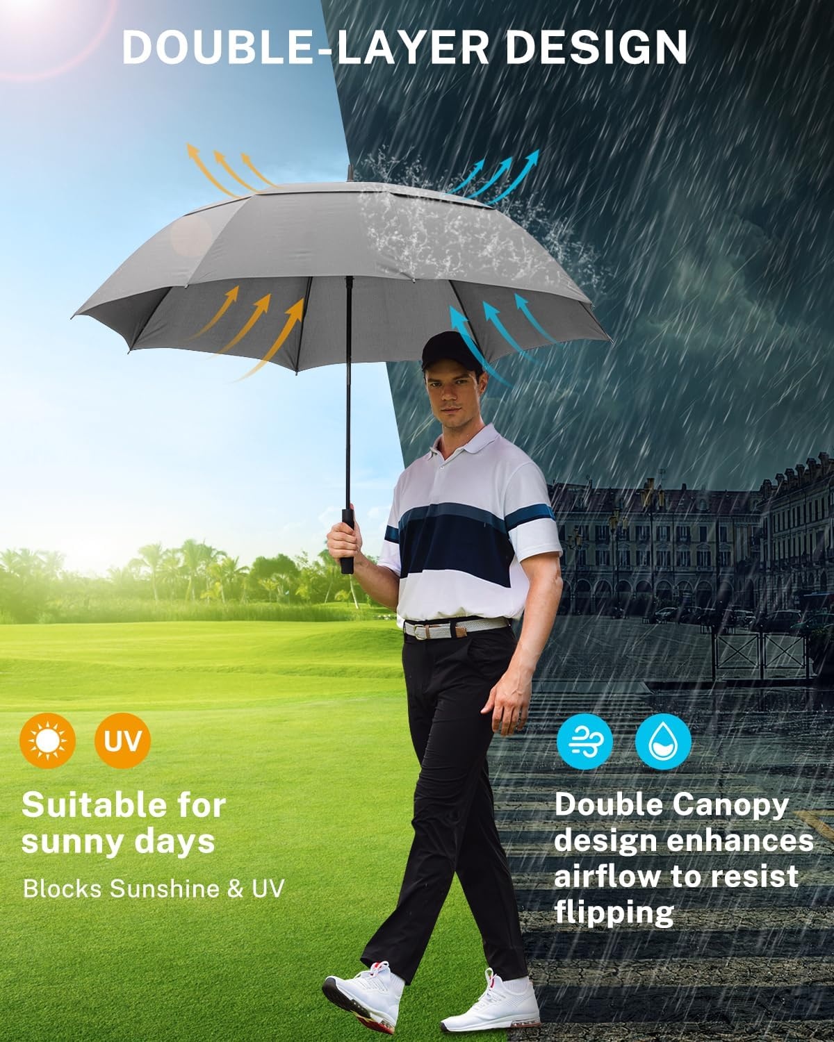 image:imageGonex Windproof Doubleribs Golf Umbrella 6872 inch Auto Open Strong 2x8 Ribs Extra Large Double Vented Canopy Waterproof Rain Umbrella with Comfortable Handle Oversized Sun Umbrella for 24 MenWomen and UV ProtectionGrey