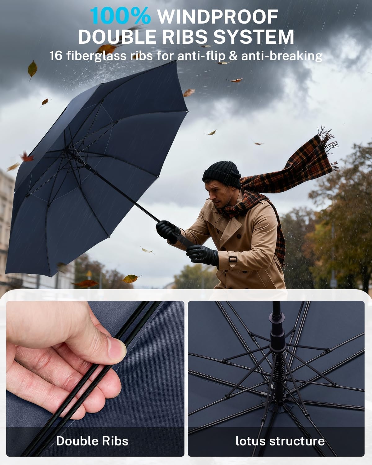 image:imageGonex Windproof Doubleribs Golf Umbrella 6872 inch Auto Open Strong 2x8 Ribs Extra Large Double Vented Canopy Waterproof Rain Umbrella with Comfortable Handle Oversized Sun Umbrella for 24 MenWomen and UV ProtectionNavy Blue