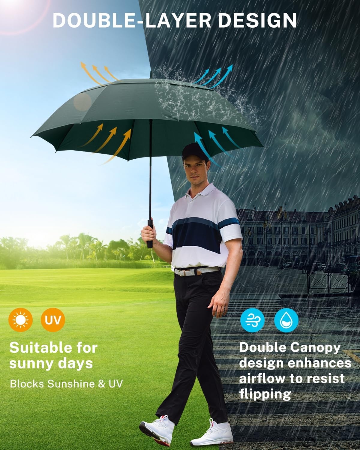 image:imageGonex Windproof Doubleribs Golf Umbrella 6872 inch Auto Open Strong 2x8 Ribs Extra Large Double Vented Canopy Waterproof Rain Umbrella with Comfortable Handle Oversized Sun Umbrella for 24 MenWomen and UV ProtectionDark Green