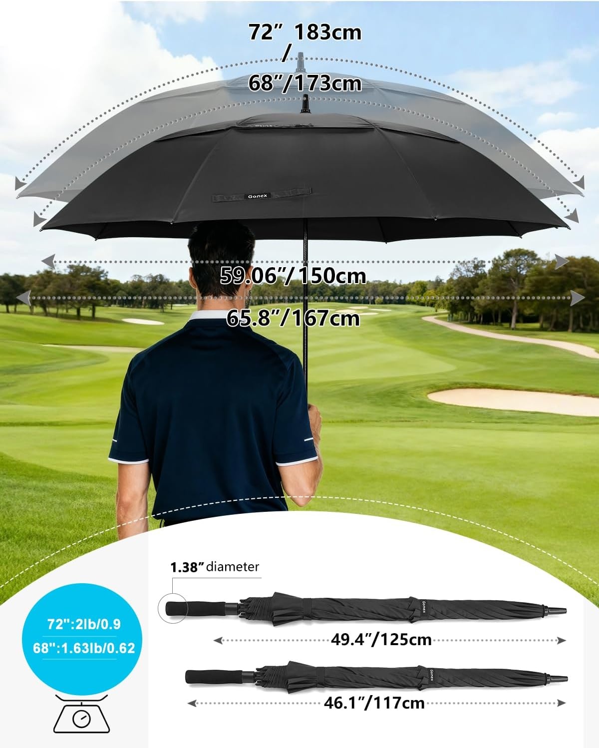 image:imageGonex Windproof Doubleribs Golf Umbrella 6872 inch Auto Open Strong 2x8 Ribs Extra Large Double Vented Canopy Waterproof Rain Umbrella with Comfortable Handle Oversized Sun Umbrella for 24 MenWomen and UV ProtectionBlack