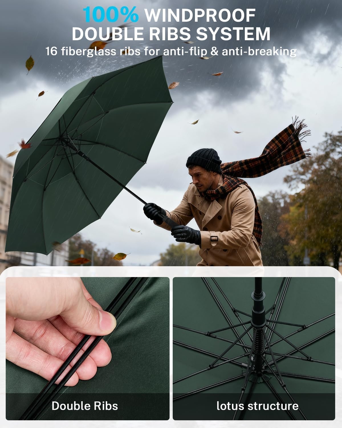 image:imageGonex Windproof Doubleribs Golf Umbrella 6872 inch Auto Open Strong 2x8 Ribs Extra Large Double Vented Canopy Waterproof Rain Umbrella with Comfortable Handle Oversized Sun Umbrella for 24 MenWomen and UV ProtectionDark Green